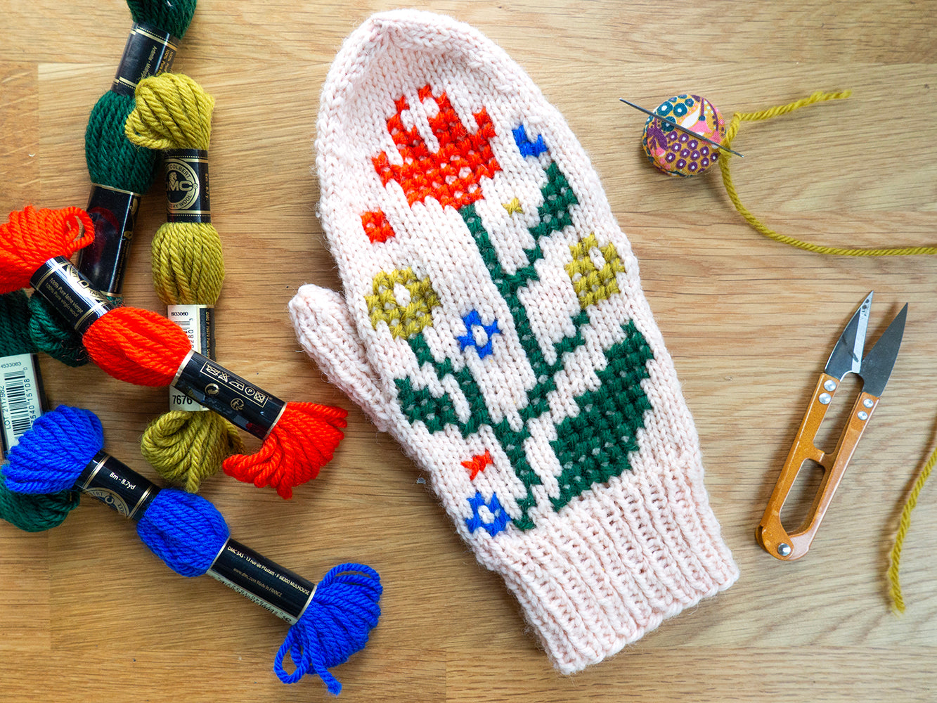 Floriography Mitten Pattern & Cross Stitch Embellishment